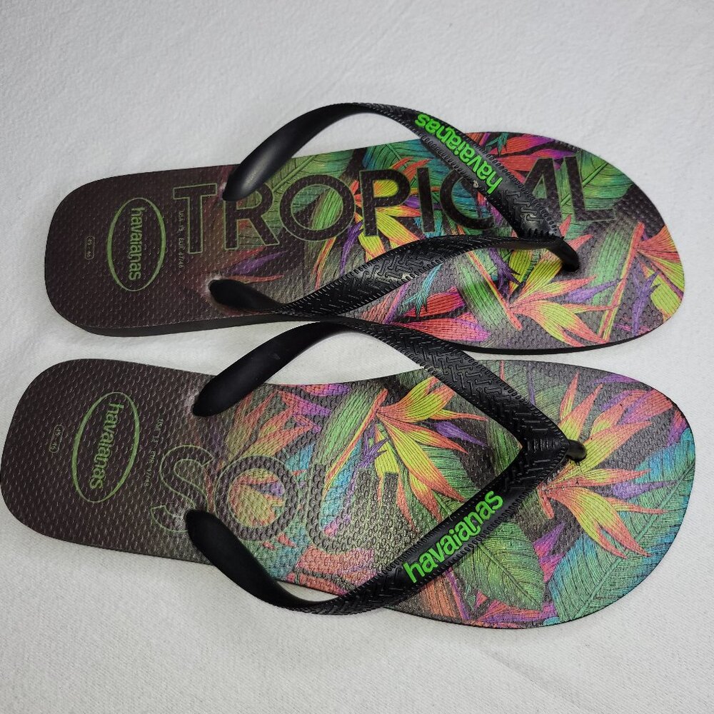 Havaianas Men's Black Tropical Soul Flip Flops Leaf Floral Sandals Size 13